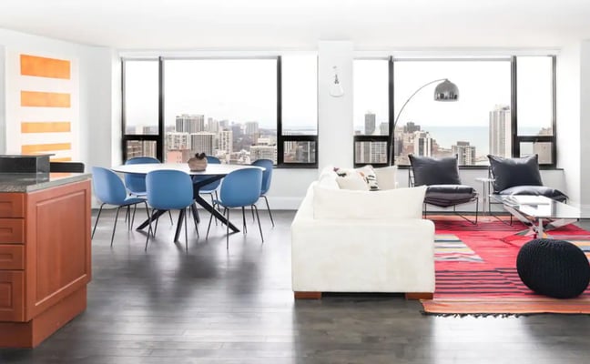 Hubbard Chicago high-rise living and dining area with city views